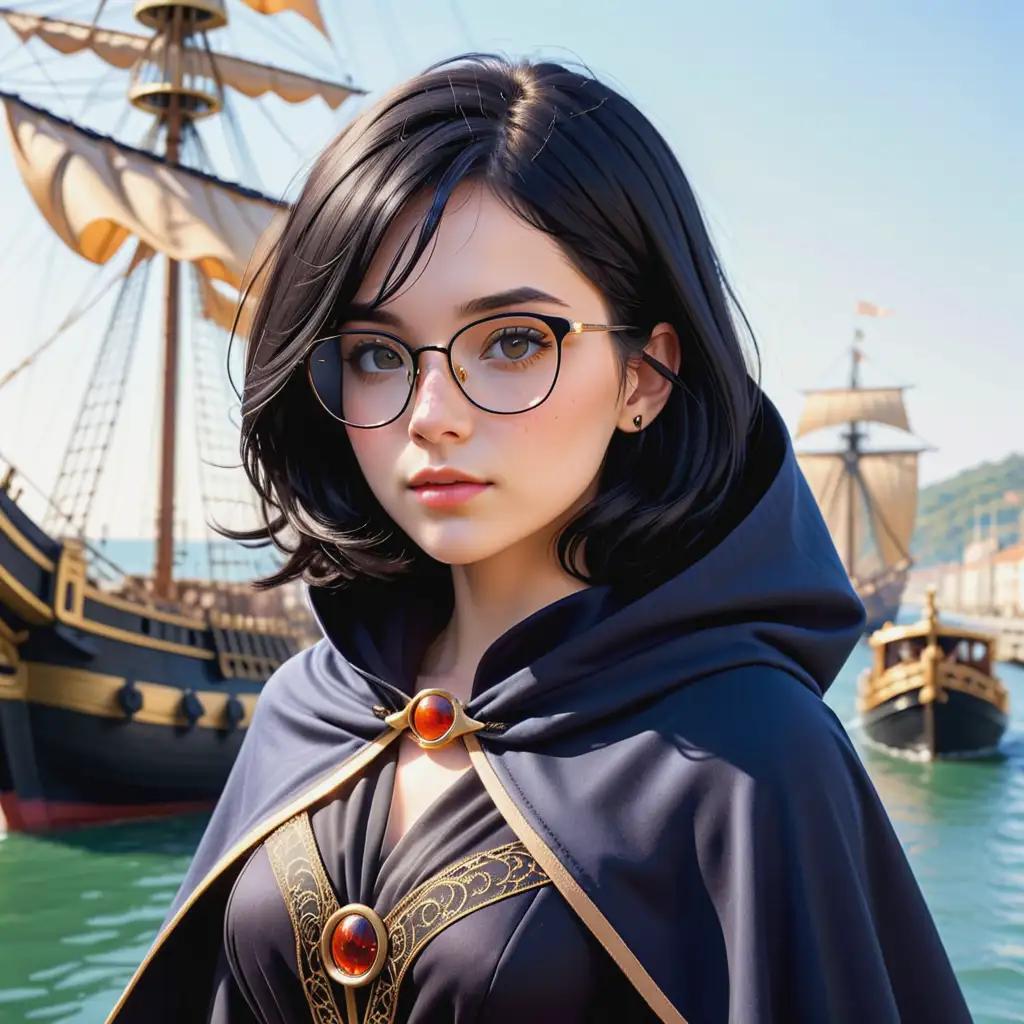 Elegant Woman with Raven Black Hair and Naval Galleon Background