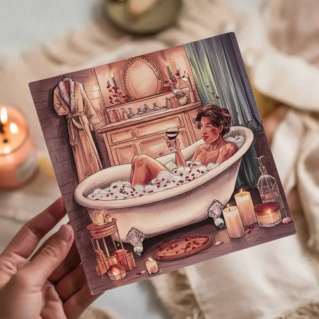 A hand-drawn illustration of a person practicing self-care in a bath.