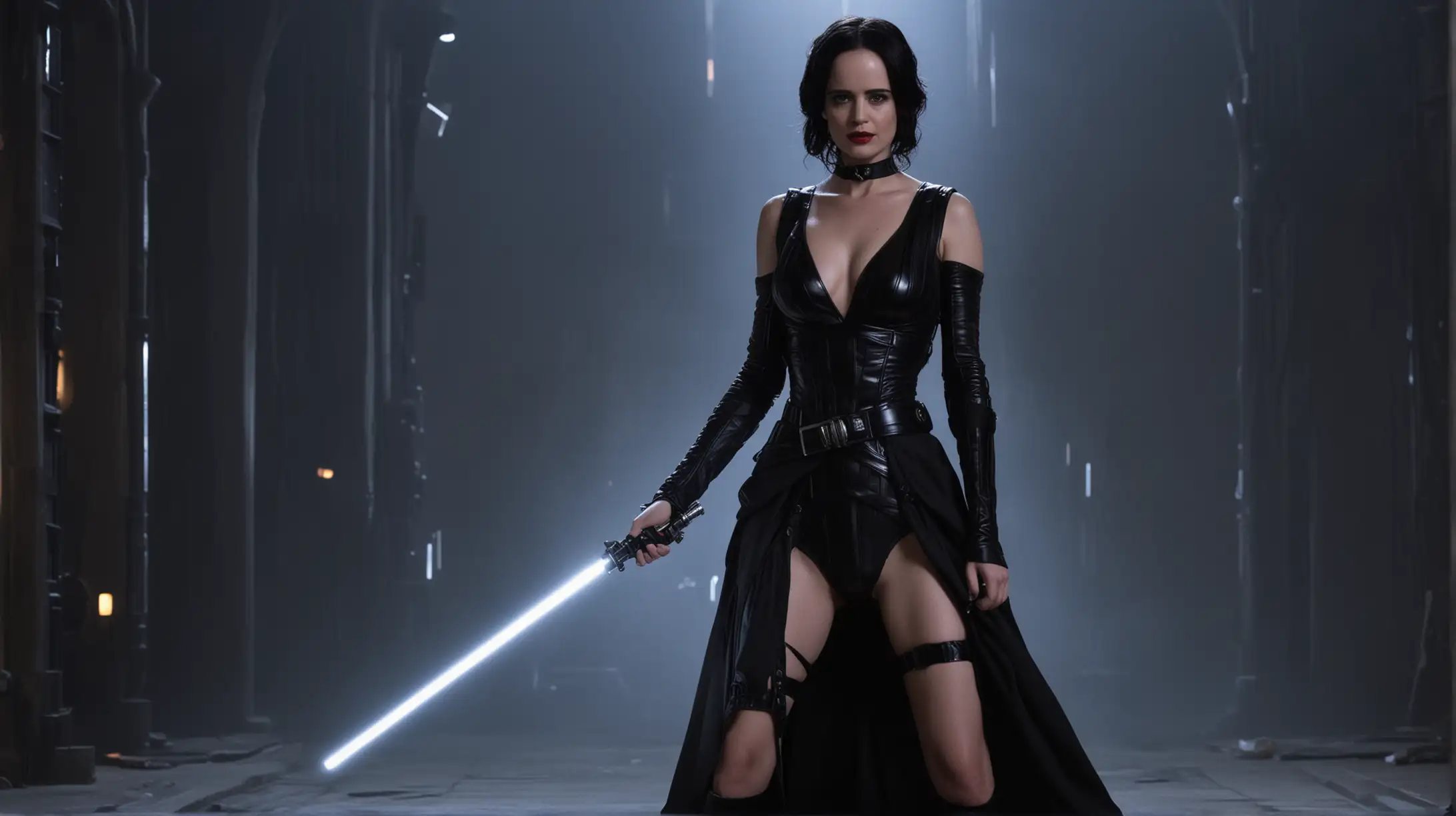 Eva Green Sith Queen in Sexy Black and Canary Clothes with Lightsaber