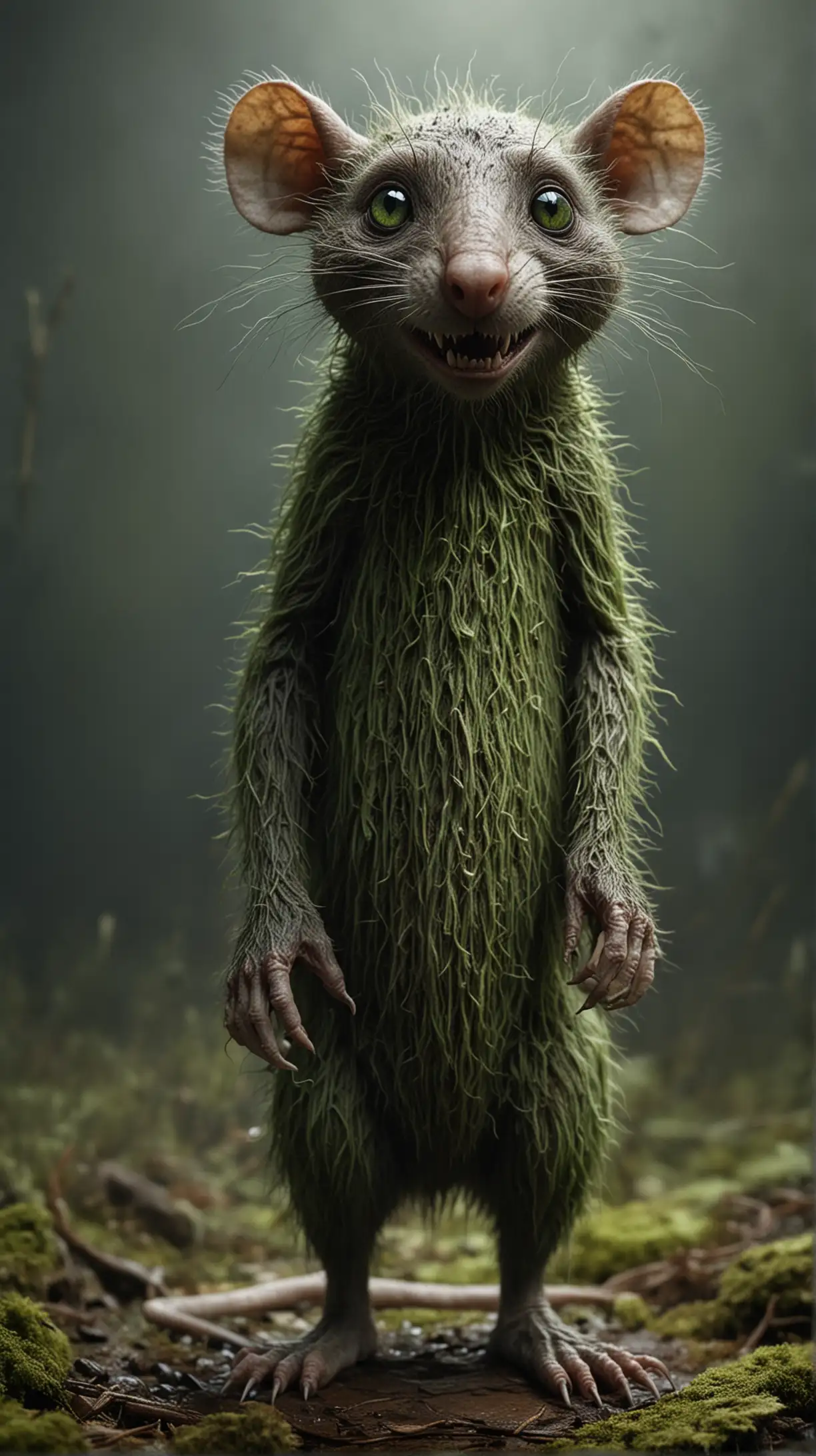 Moor Creature with Sharp Teeth and Green Eyes Standing Upright