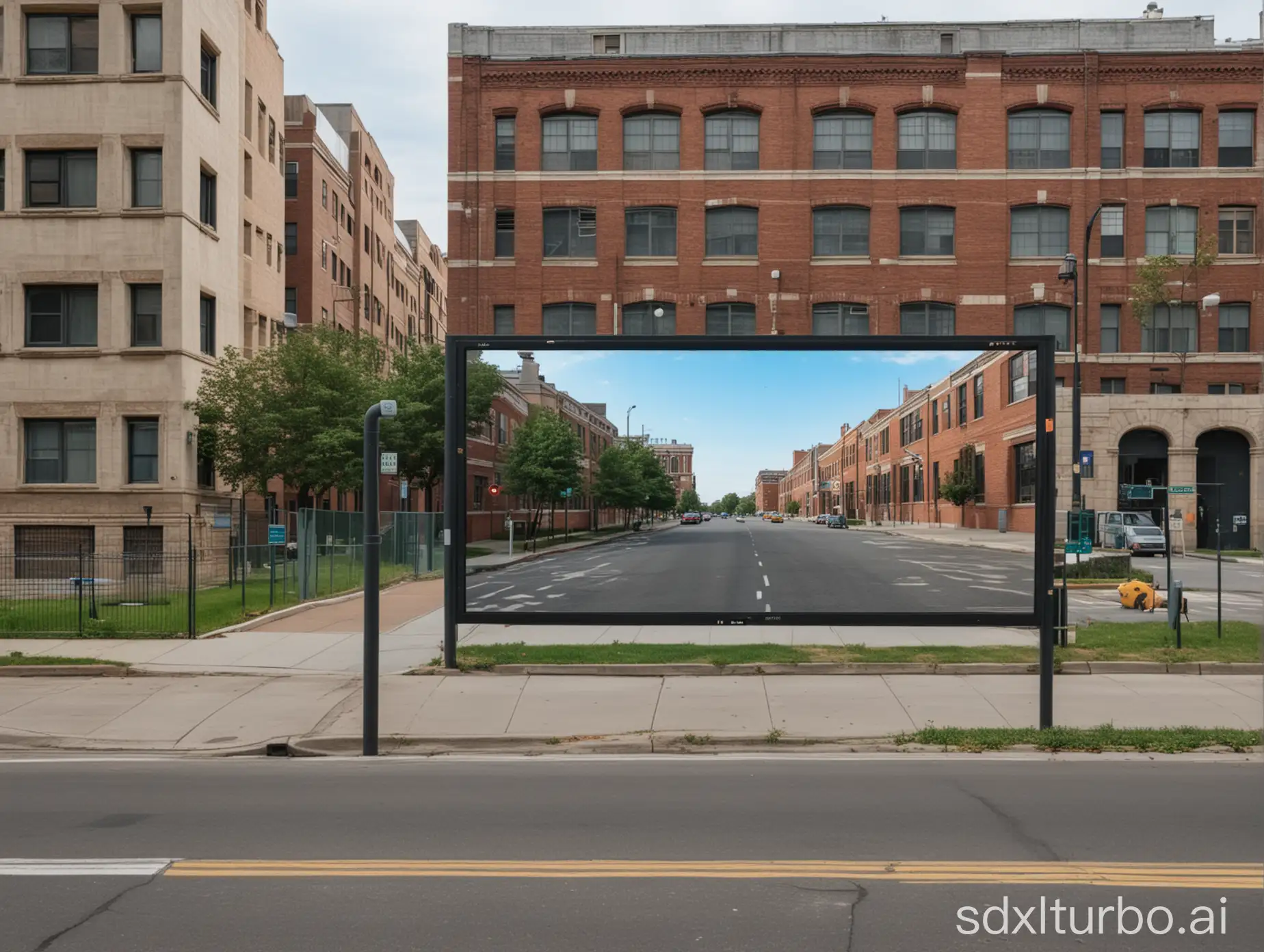 On the left side of the screen is a school, and on the right side is a city street.