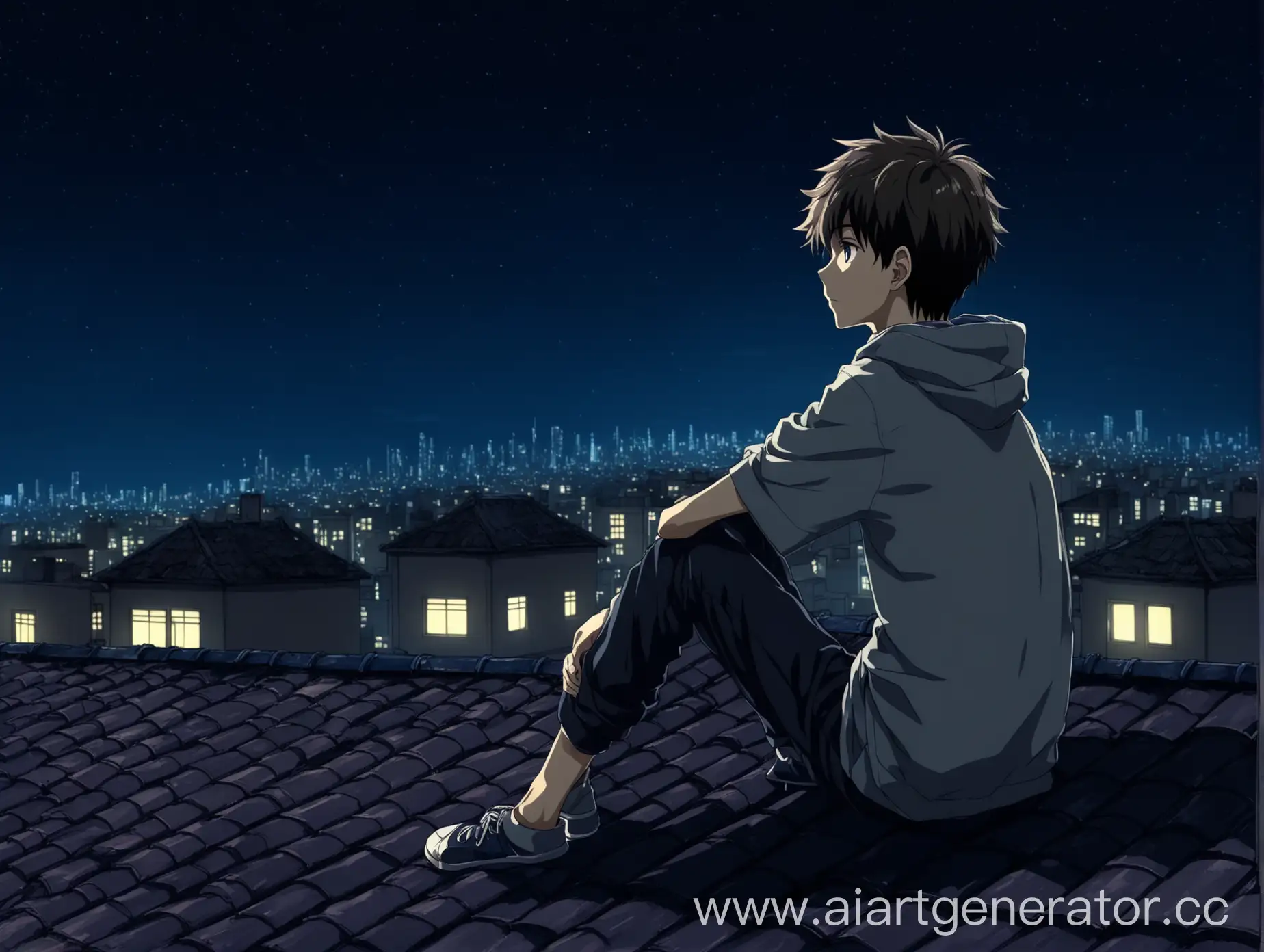 Teenage-Boy-Anime-Character-Contemplating-on-House-Rooftop-Overlooking-Night-Cityscape
