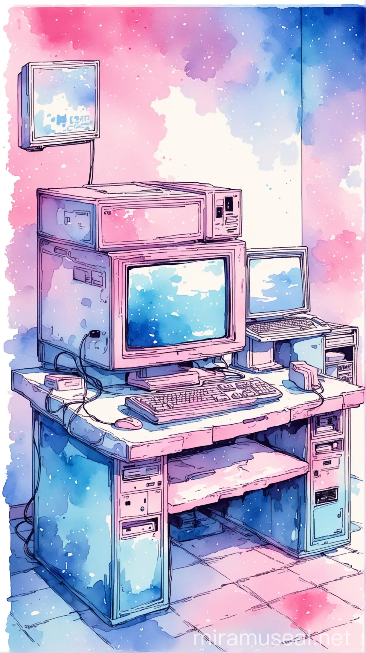 vector cute aesthetic anime watercolor art, old computer, cyber cafe, retro pink blue color