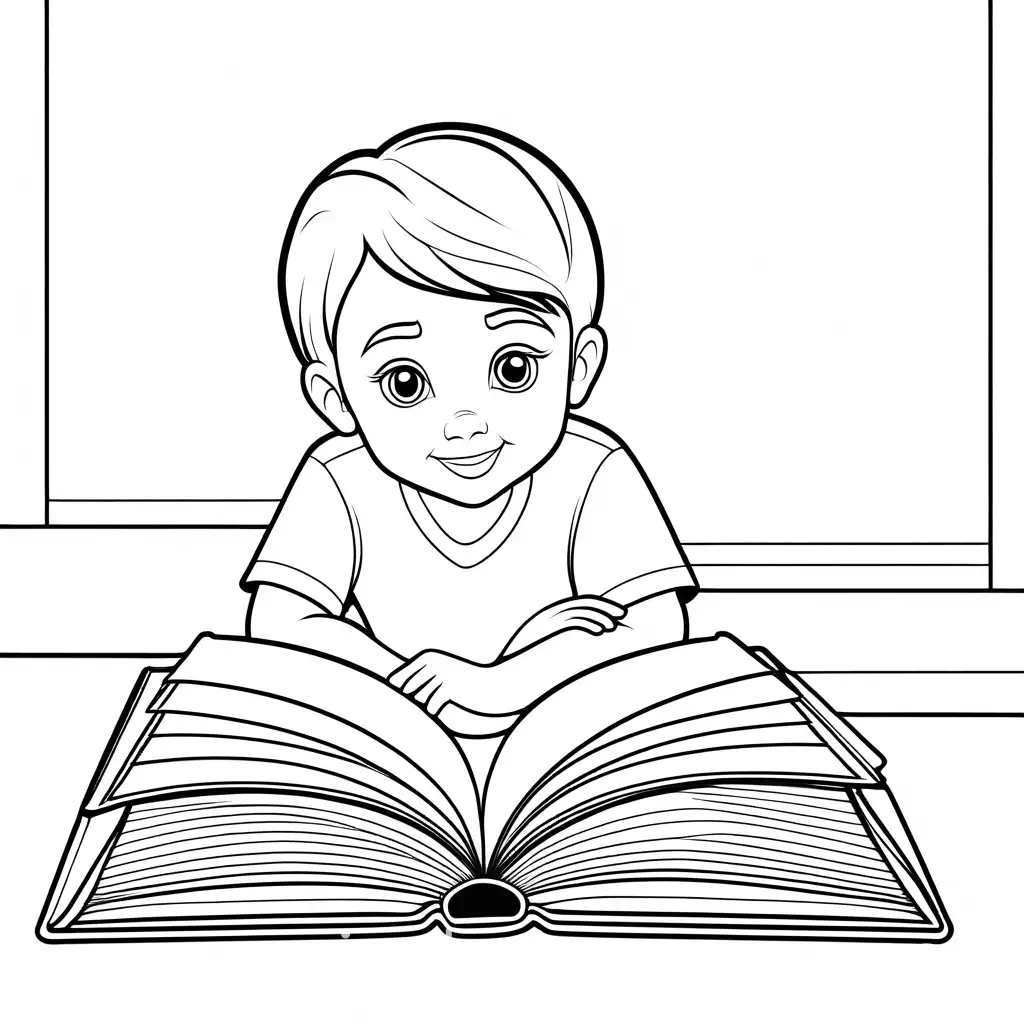 Child-Reading-Book-Coloring-Page-Simple-Line-Art-on-White-Background