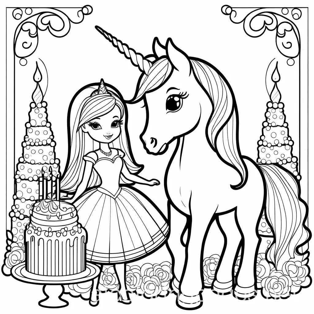 Barbie having a unicorn and kitty themed birthday party , Coloring Page, black and white, line art, white background, Simplicity, Ample White Space. The background of the coloring page is plain white to make it easy for young children to color within the lines. The outlines of all the subjects are easy to distinguish, making it simple for kids to color without too much difficulty
