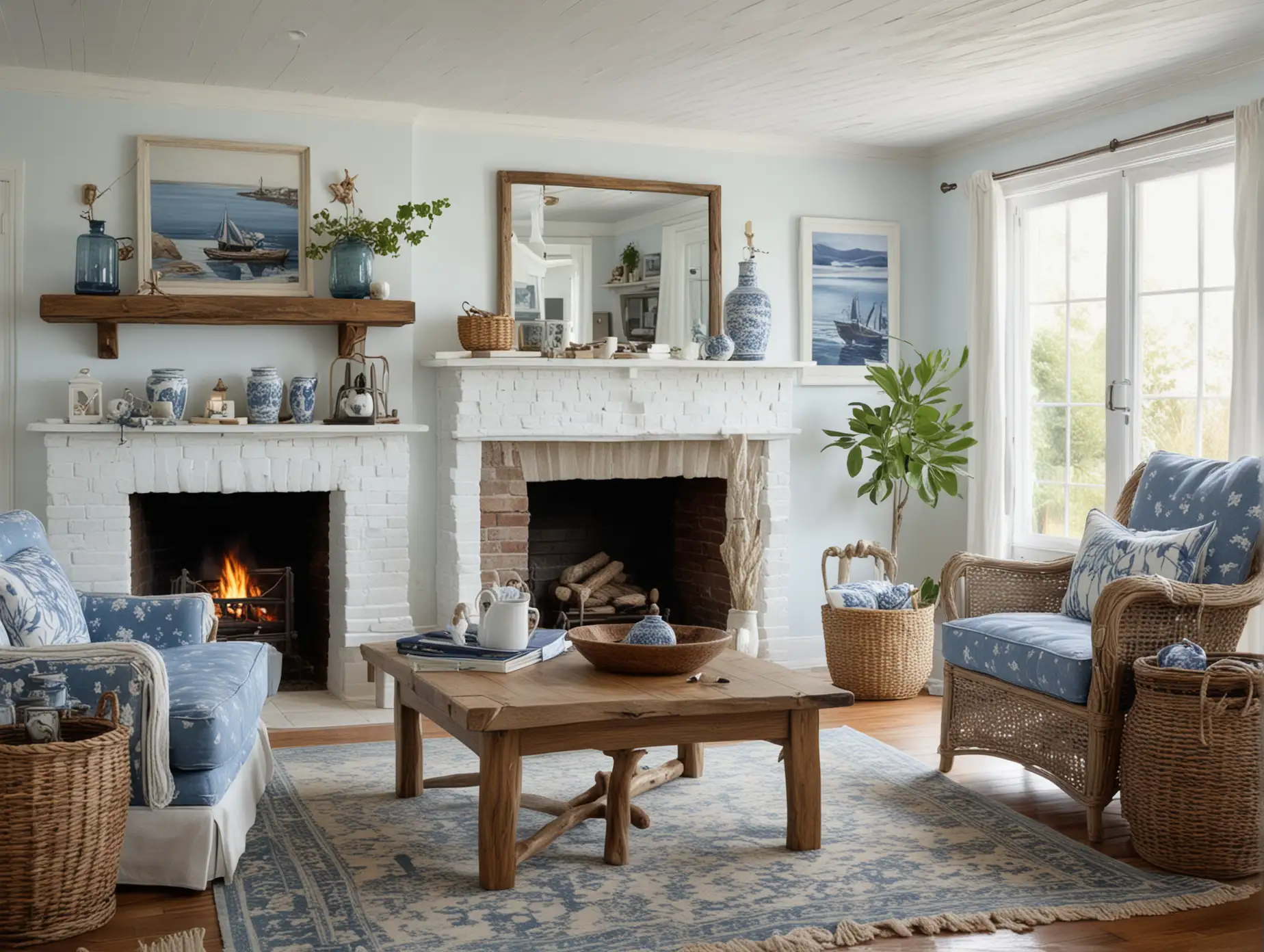 A panoramic view from the door of A retro coastal sitting room with blue and white decor, driftwood furniture, sea grape plants in woven baskets, nautical-themed accessories, and a window with rain gently falling outside, creating a serene seaside atmosphere. The wide shot reveals a vintage fireplace, a rustic coffee table, and additional seating with a farmhouse-style armchair and side table.