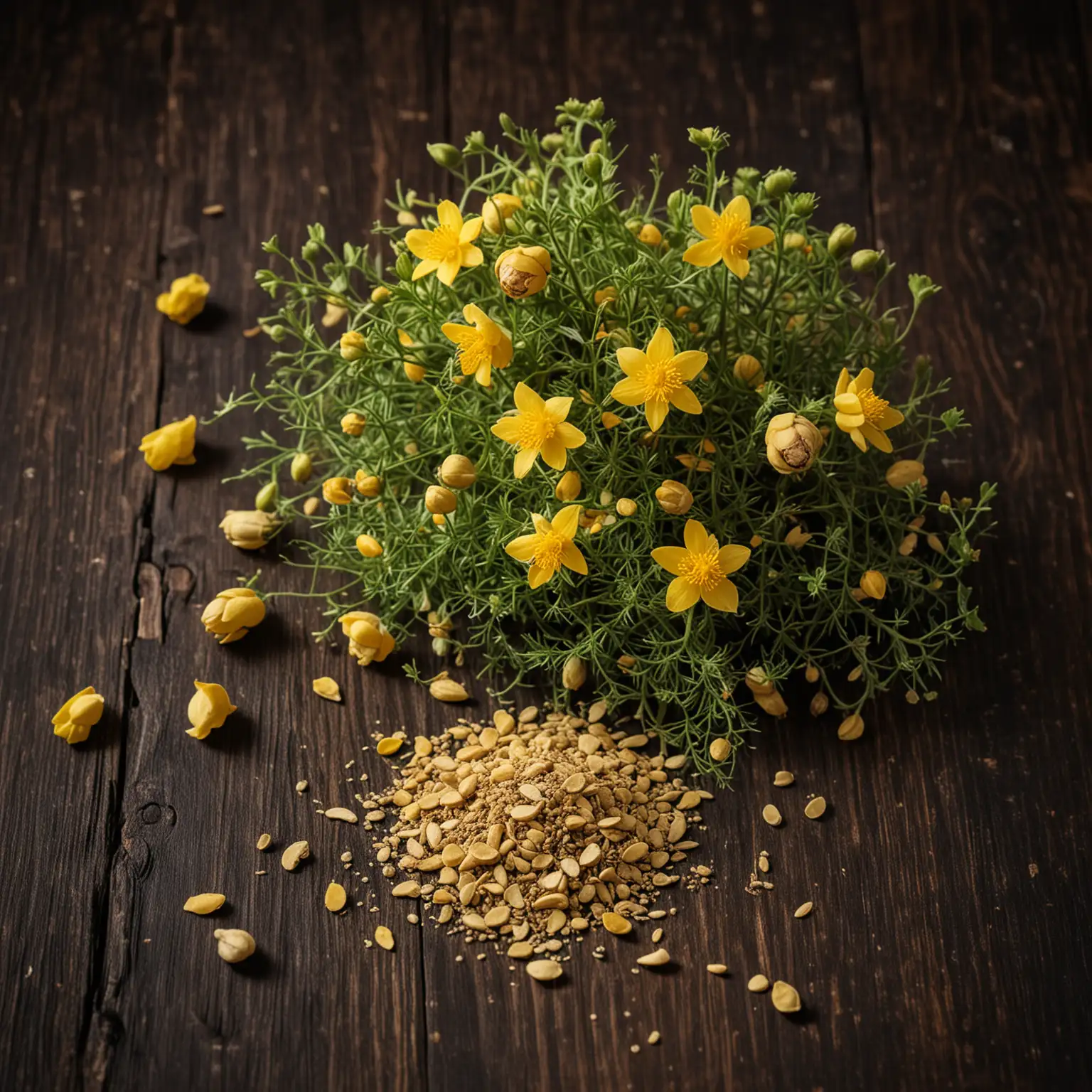 Tribulus Terrestris in plant, seed, and powder form on dark wooden table with selective focus