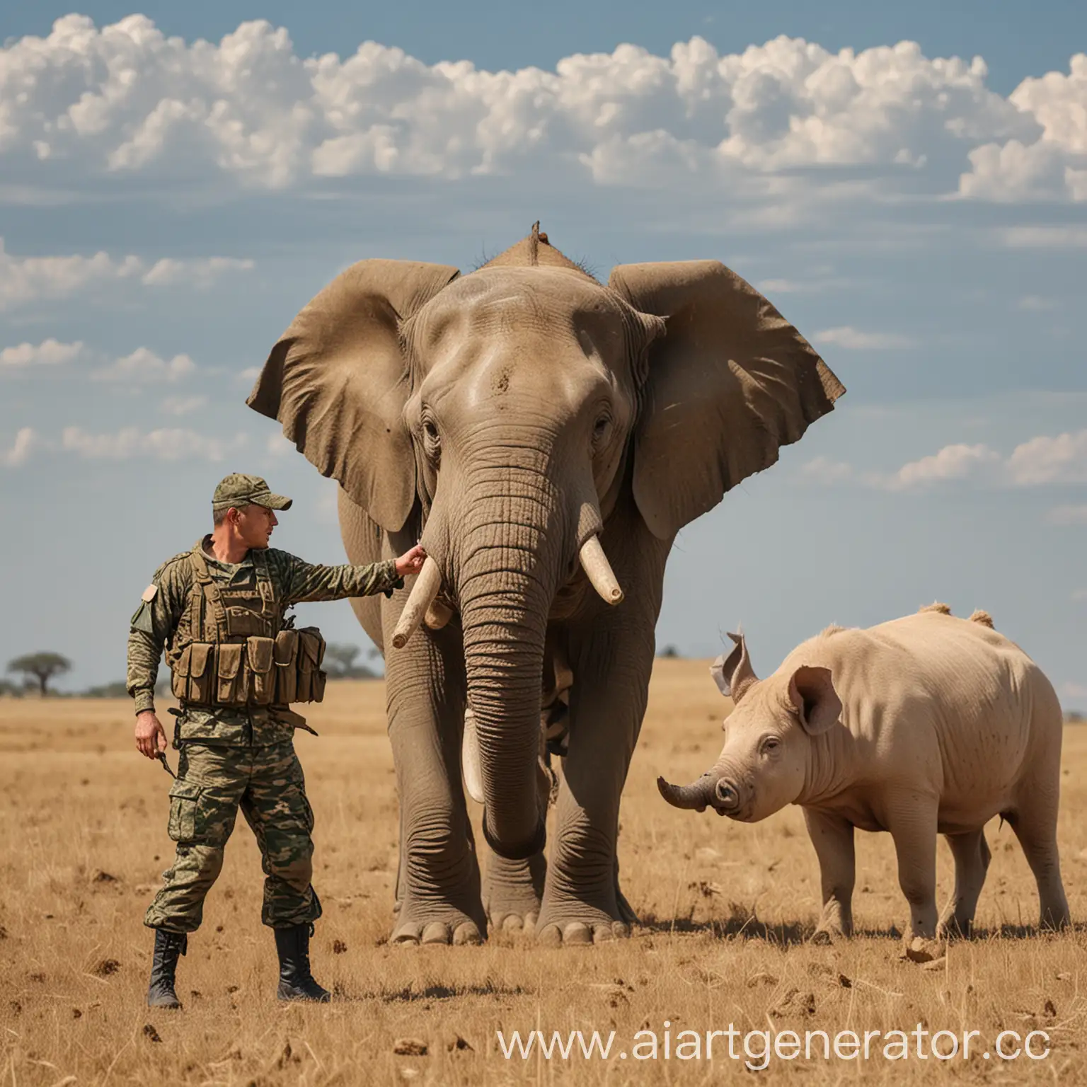 Человек в военном камуфляже с головой свиньи устроил дуэль с человеком с головой слона в поле на фоне тереконов