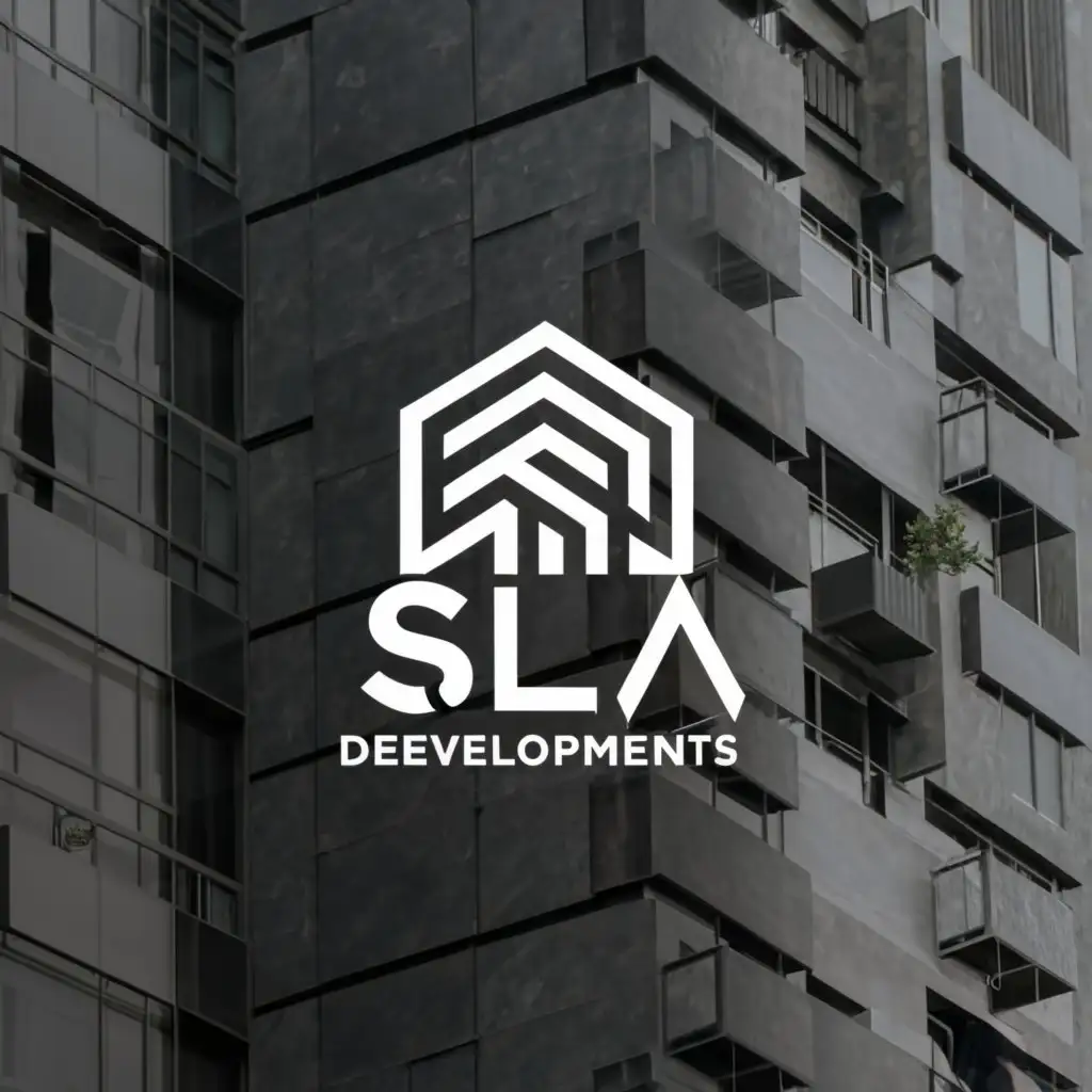 a logo design,with the text "SLA DEVELOPMENTS", main symbol:Unique, minilastic, real estate, home with building, concepts art, black and white colours, clean and clear design, new trend, brands,.,Minimalistic,be used in Real Estate industry,clear background