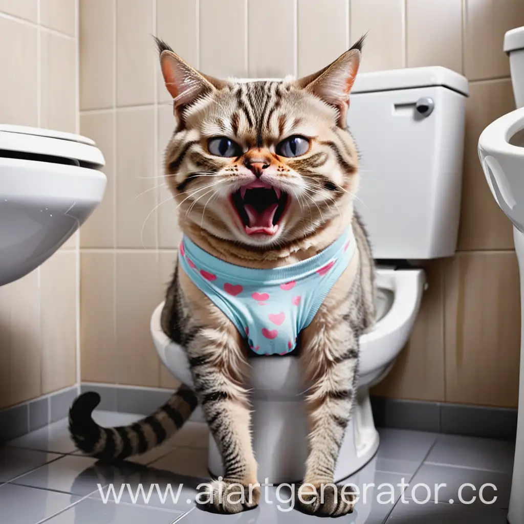 A cat in underpants sits on the toilet and cries