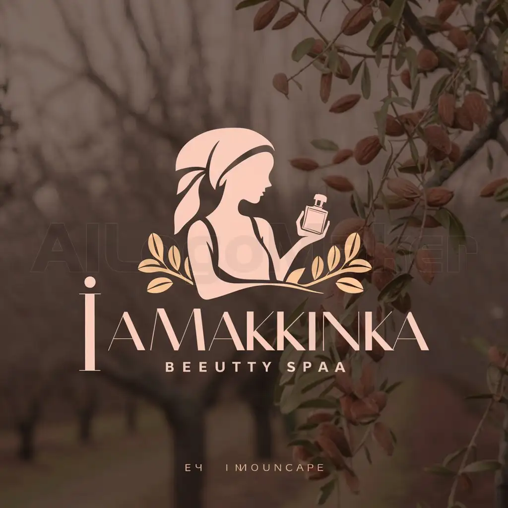 a logo design,with the text "IAMAKKINKA", main symbol:silhouette of a girl in a headscarf with a bottle of perfume against an almond orchard background,Moderate,be used in Beauty Spa industry,clear background