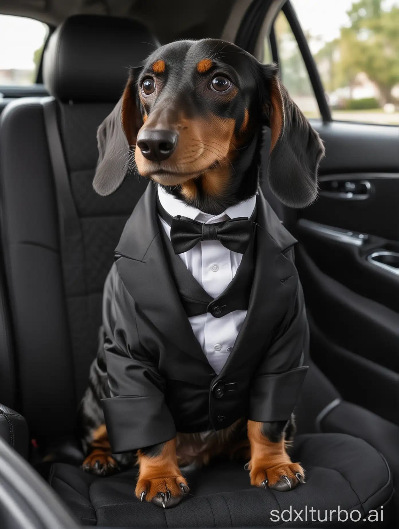 Black dachshund dog in a tuxedo suit on a luxurious car seat