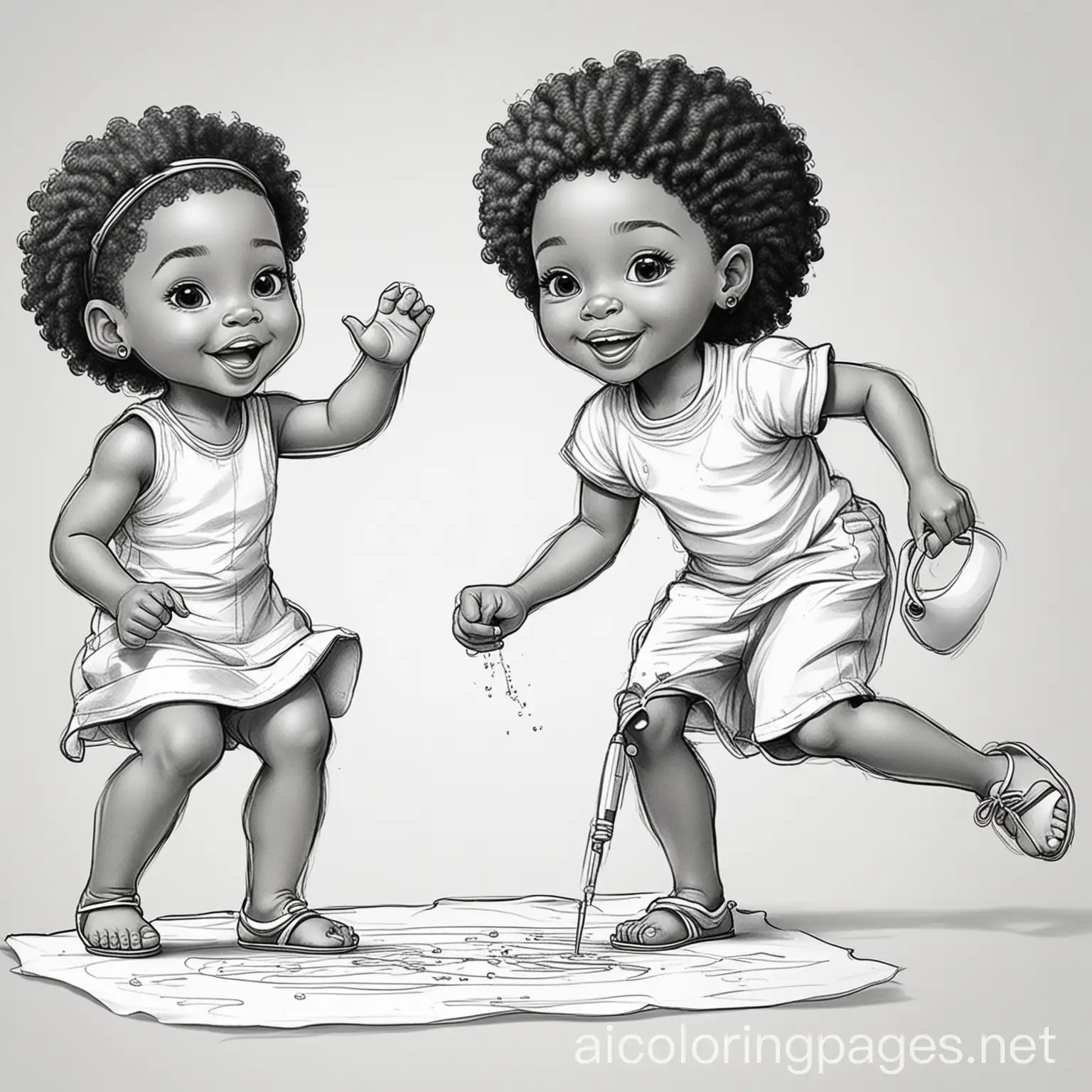 african america kids playing, Coloring Page, black and white, line art, white background, Simplicity, Ample White Space