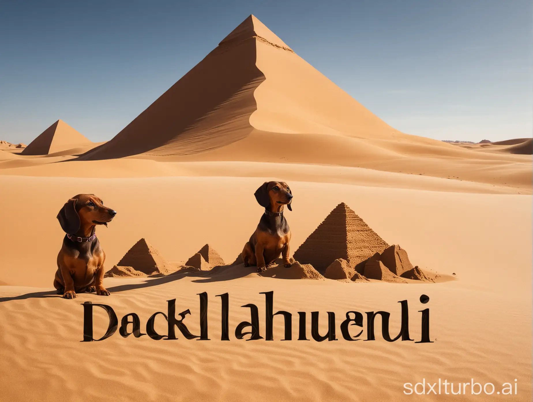 Logotipo de perro teckel, de fondo dunas de arena y pirámides, sombras