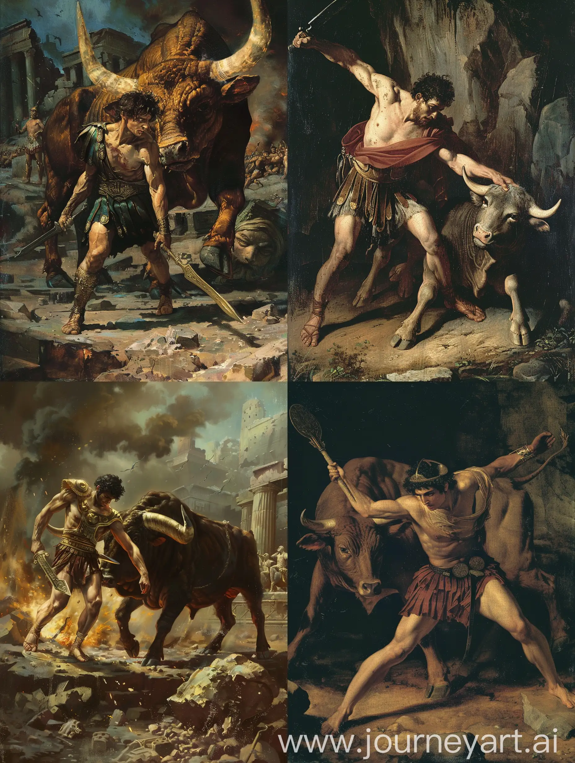 The ancient hero Theseus kills the ancient bull Minotaur