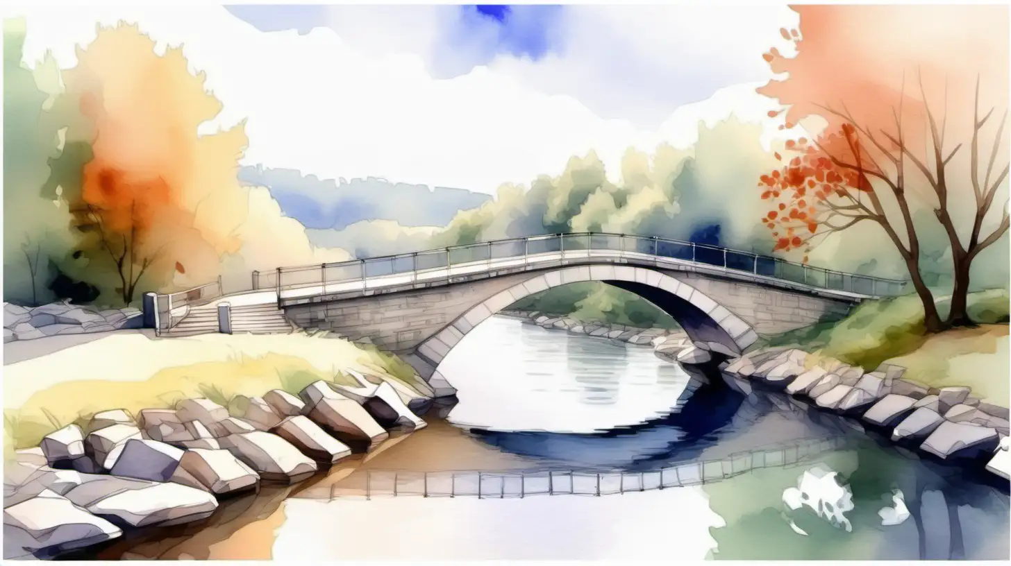 Tranquil Watercolor Scene Serene River with Bridge