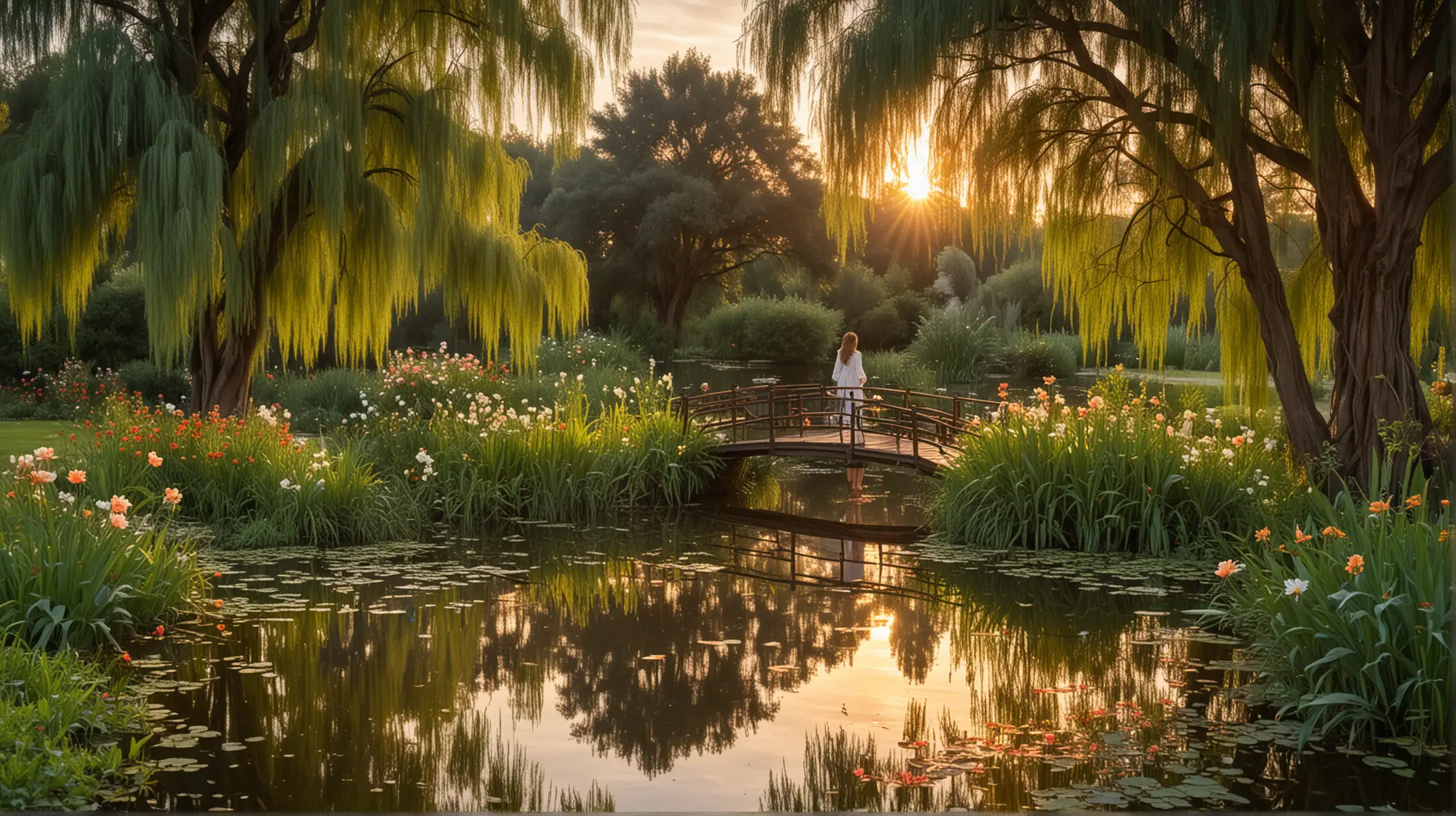 Sunset Garden Pond with Willow Trees and Young Lady on Wooden Bridge