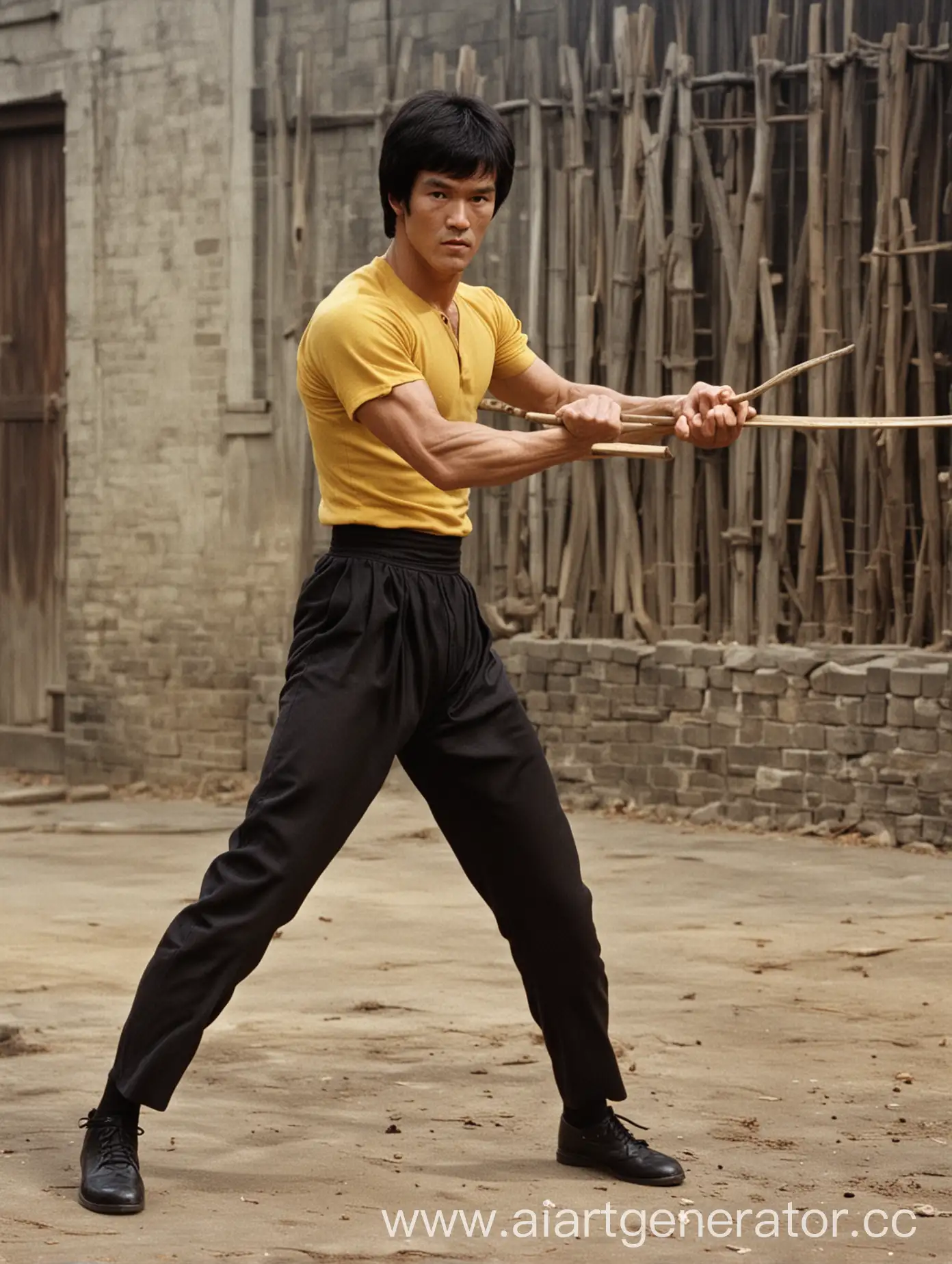 Bruce-Lee-Defends-Against-Enemies-with-a-Long-Stick