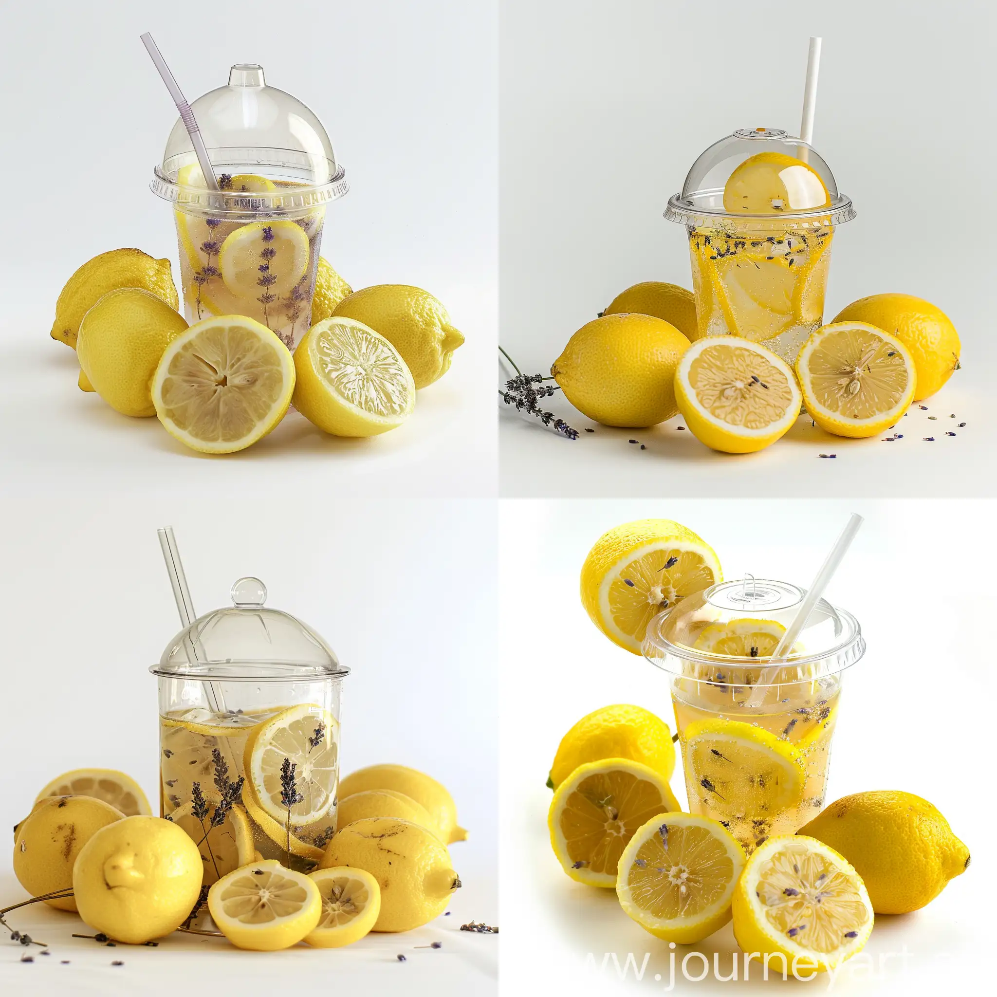 Сделай фото стакана с купольной крышкой и трубочкой, внутри стакана лимонад со вкусом лаванда, вокруг лимоны, на белом фоне 