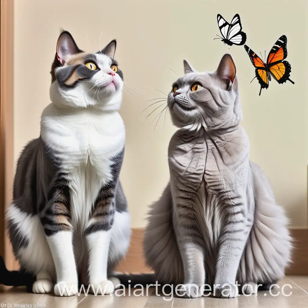 2 cats are sitting and looking at a butterfly. 1 cat is slightly taller than 2 cats, his coloring is a British cat. 2 cats are slightly lower than 1 cat, its coloring is white belly, the rest of the coat is gray