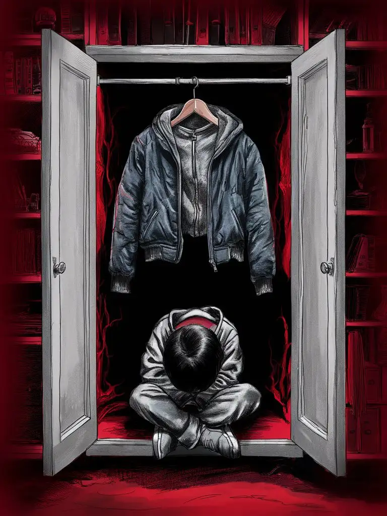 The cover of a book is a jacket hanging in an open closet. Inside this open closet there is a child sitting with his head on his feet in the red darkness.