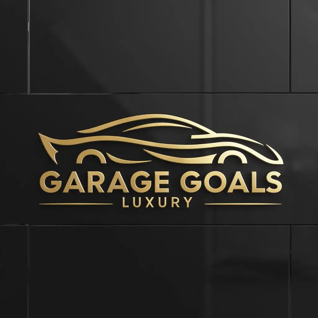 a logo design,with the text "GARAGE GOALS", main symbol:create a logo for a Luxury Car Rental business. this logo should includes modern  Luxury Car theme. preferred color gold. must be logo on black paper stationery design,Moderate,clear background