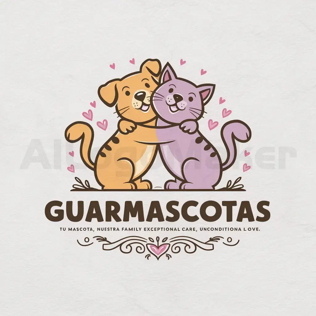 a logo design,with the text "GUARMASCOTAS Tu mascota, nuestra family: exceptional care, unconditional love.", main symbol:A happy dog and cat in animiated pastel colors hugging,complex,clear background