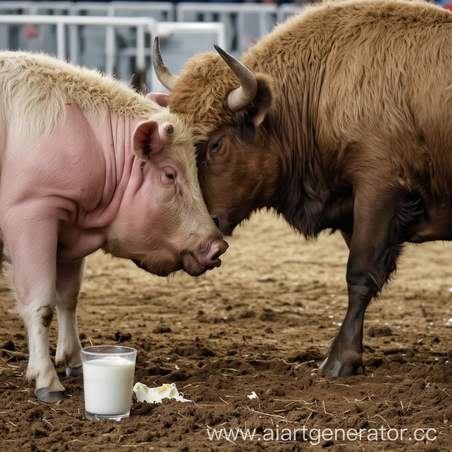 Огромный жирный свин пьющий вкусное молоко у быка на донбасс арене