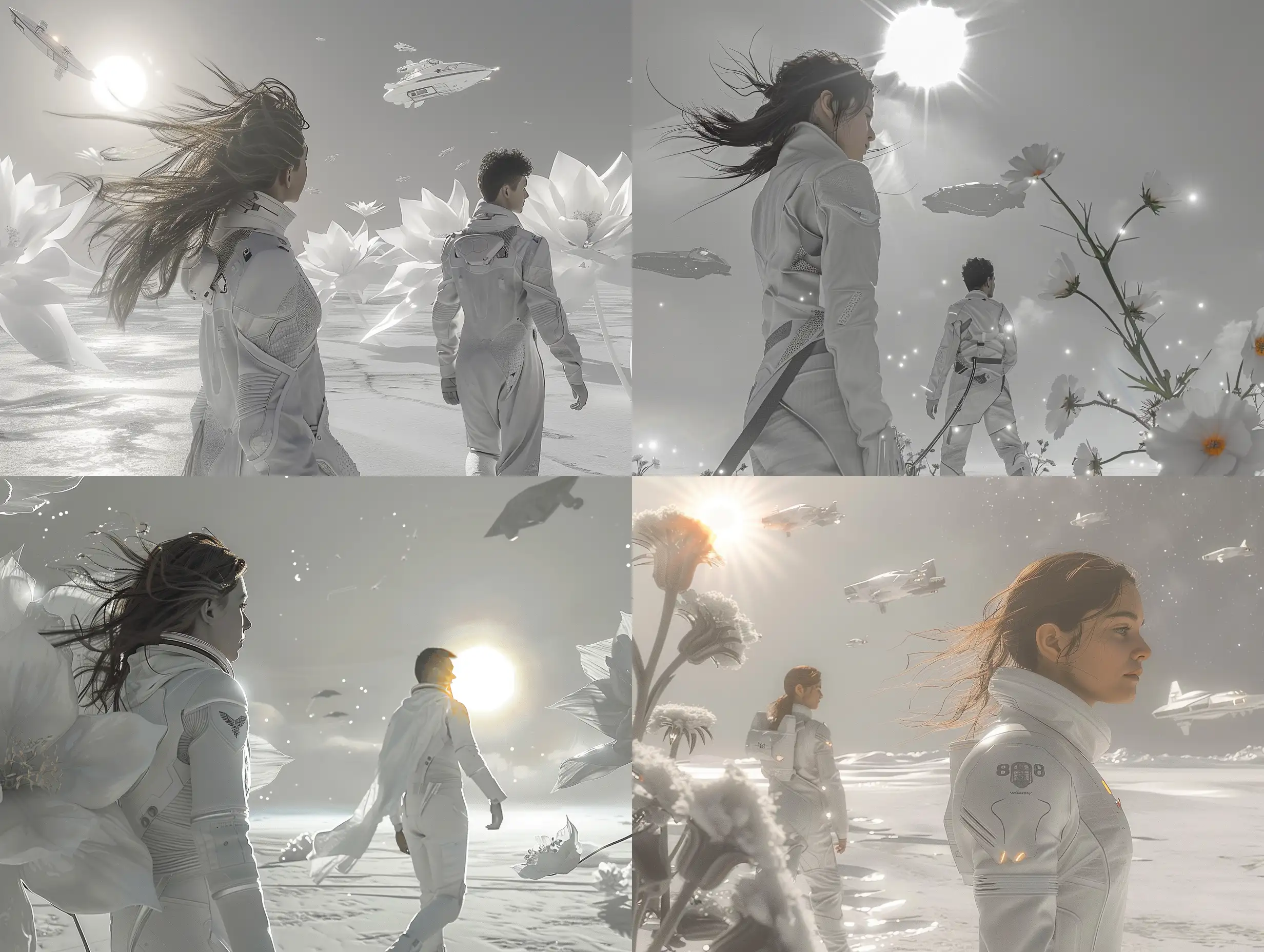 Exploring-Otherworldly-Landscapes-Girl-and-Man-in-White-Space-Suits-Walking-Amidst-Giant-Flowers-and-Spaceships