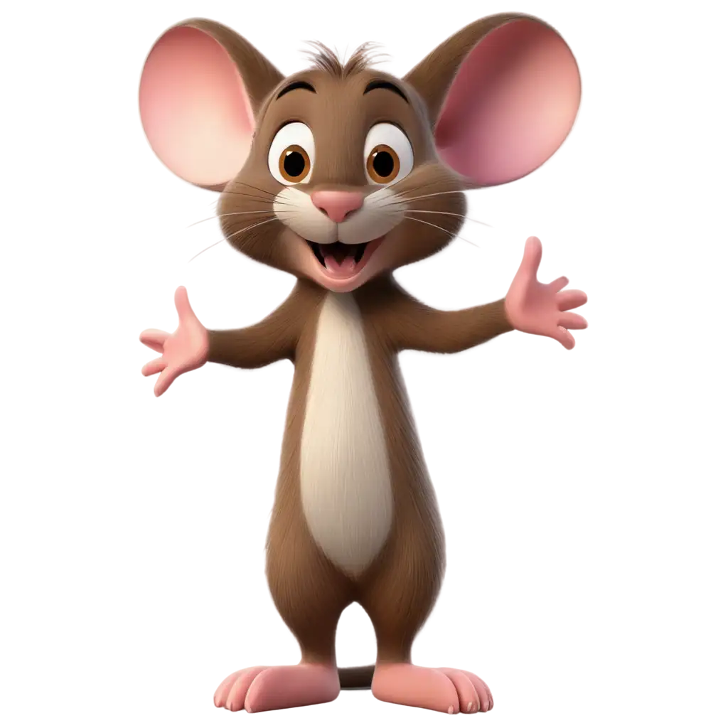 Create a 2D illustration of Jerry Mouse from the "Tom and Jerry" cartoon series. The image should depict Jerry in a playful and mischievous pose. Key features to include are:  Large, expressive eyes with a mischievous glint. Round, brown head with big, rounded ears (brown on the outside and pink on the inside). Small, triangular nose. Friendly, wide smile. Small, agile body with distinctive, large feet and nimble hands. Long, thin tail. Ensure the background is simple to keep the focus on Jerry. The colors should be vibrant and true to the original character design from the classic cartoons.