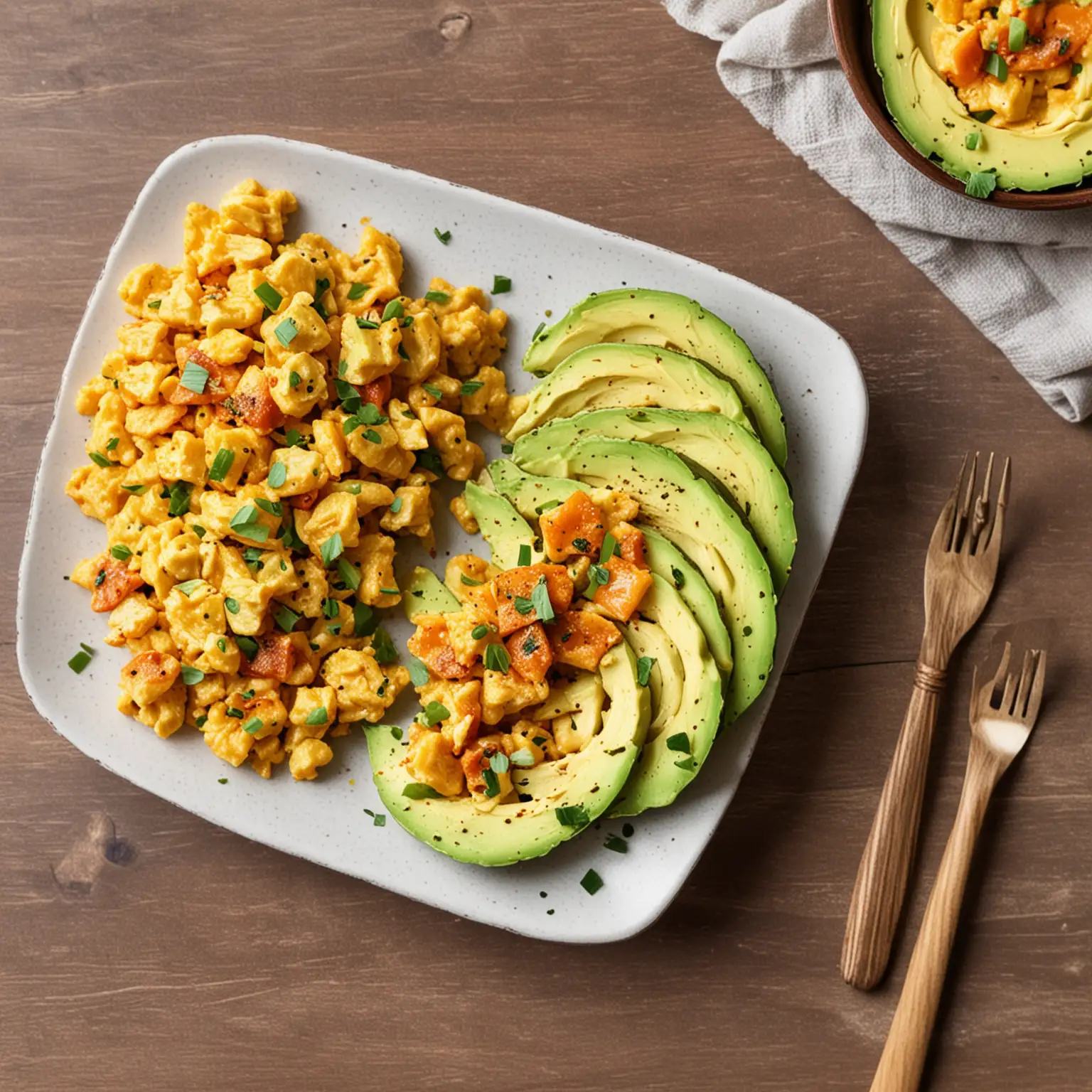 photo of delicious cayenne spiced Scrambled Eggs with a side of Avocado 
