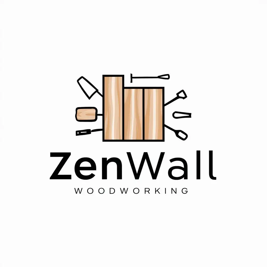 a logo design,with the text "zenwall", main symbol:wall, woodworking, zen, tools,Minimalistic,clear background