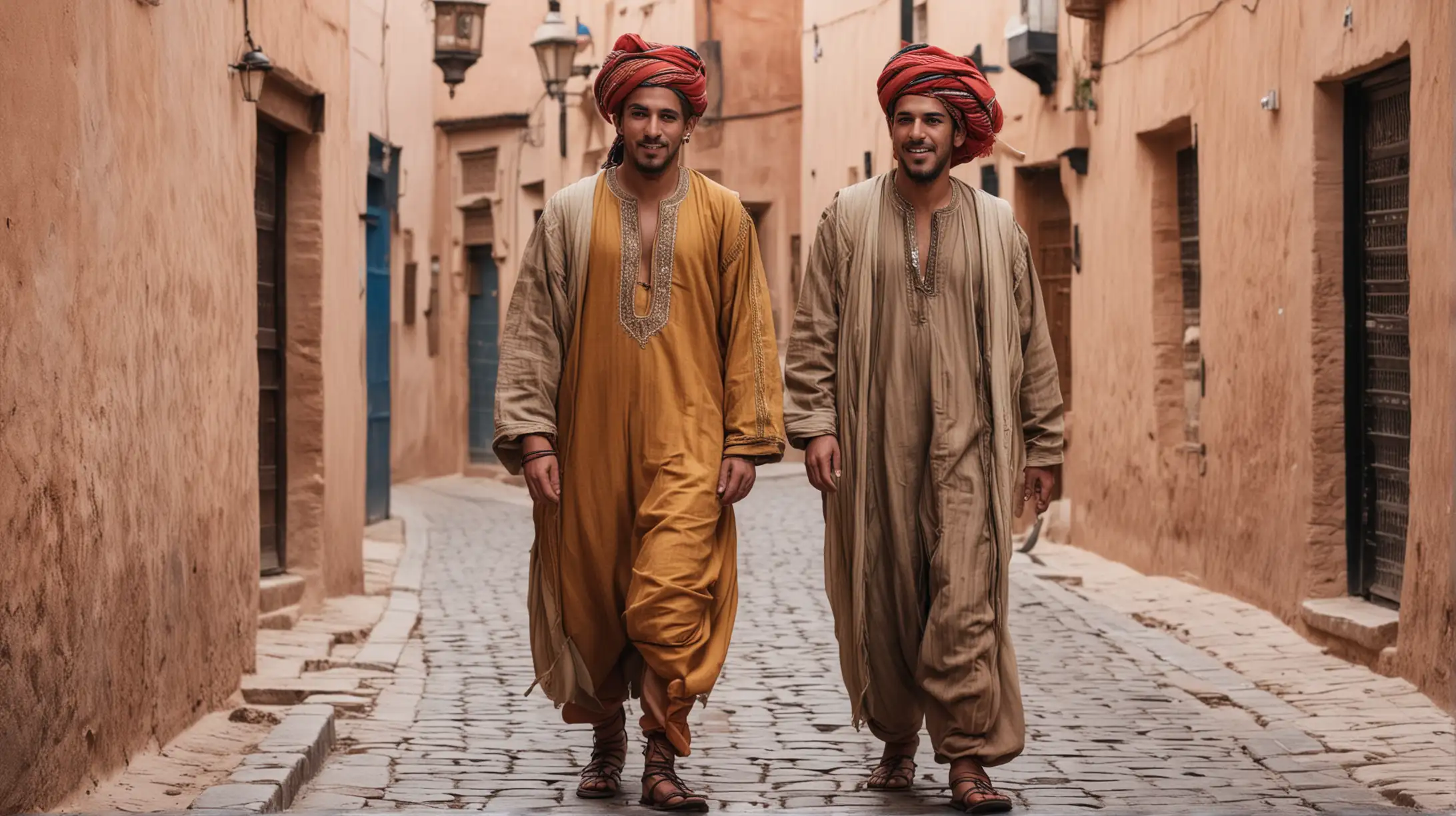 Two Moroccan men in traditional street clothes, profile, full figures, head to toe, no smiling
