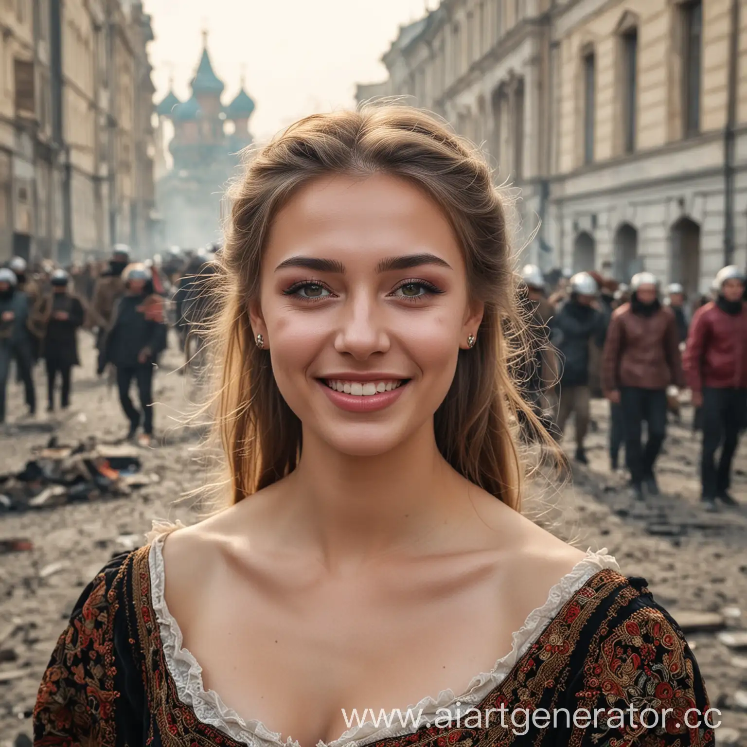 счастливая и красивая русская девушка с макияжем во время смутного времени в россии 16 века на фоне жестоких бунтов, фон хорошо видно