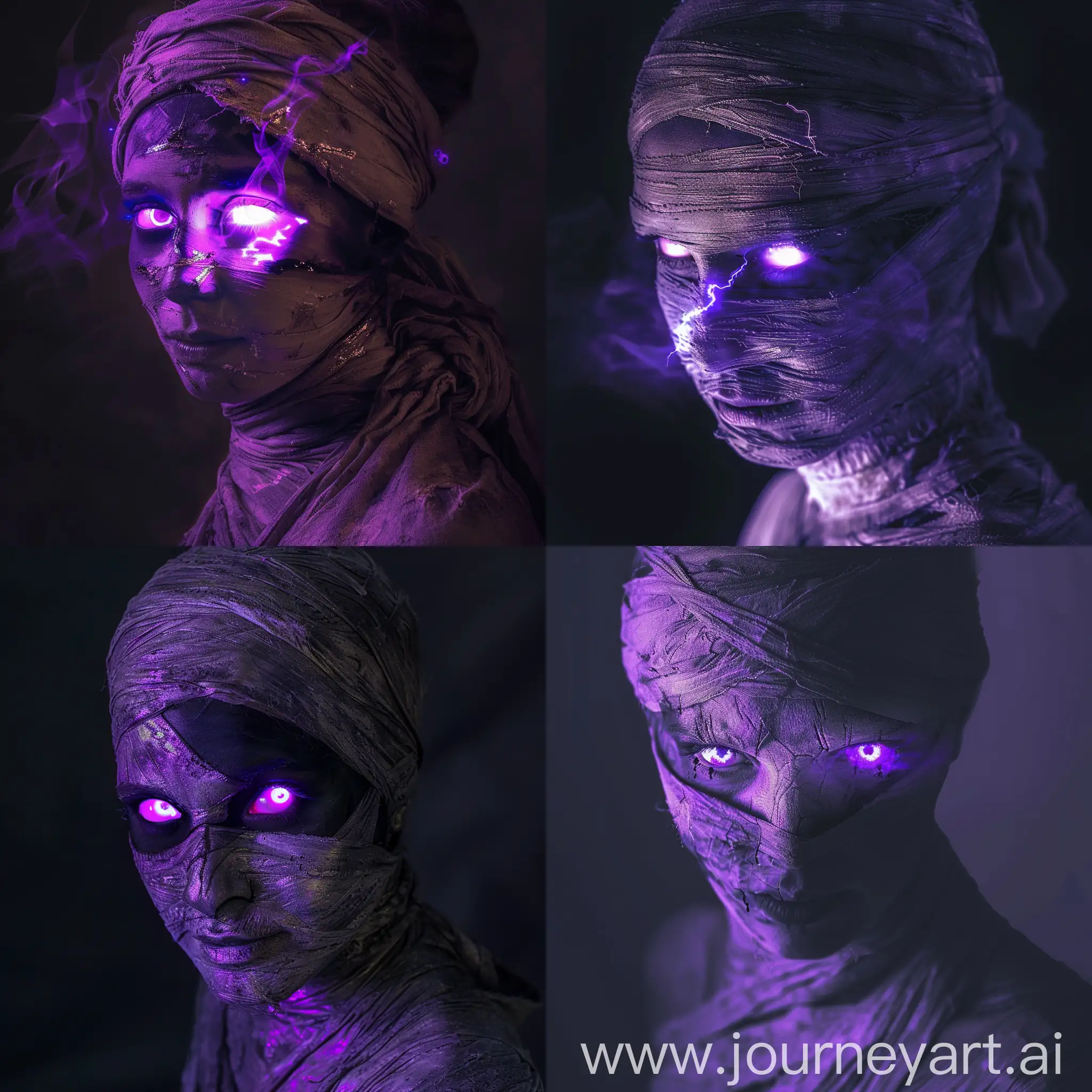 A very real photo of a very scary and old movie mummy, eyes open and glowing in purple color (purple light comes from her eyes), beautiful, facing the camera, (full face facing the camera), scary, cinematic, half body Up, golden ratio and perfect face shape, suitable for painting
