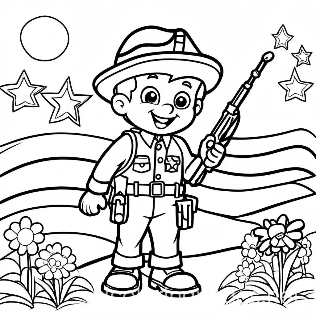 happy memorial day, cartoon, Coloring Page, black and white, line art, white background, Simplicity, Ample White Space. The background of the coloring page is plain white to make it easy for young children to color within the lines. The outlines of all the subjects are easy to distinguish, making it simple for kids to color without too much difficulty, Coloring Page, black and white, line art, white background, Simplicity, Ample White Space. The background of the coloring page is plain white to make it easy for young children to color within the lines. The outlines of all the subjects are easy to distinguish, making it simple for kids to color without too much difficulty
