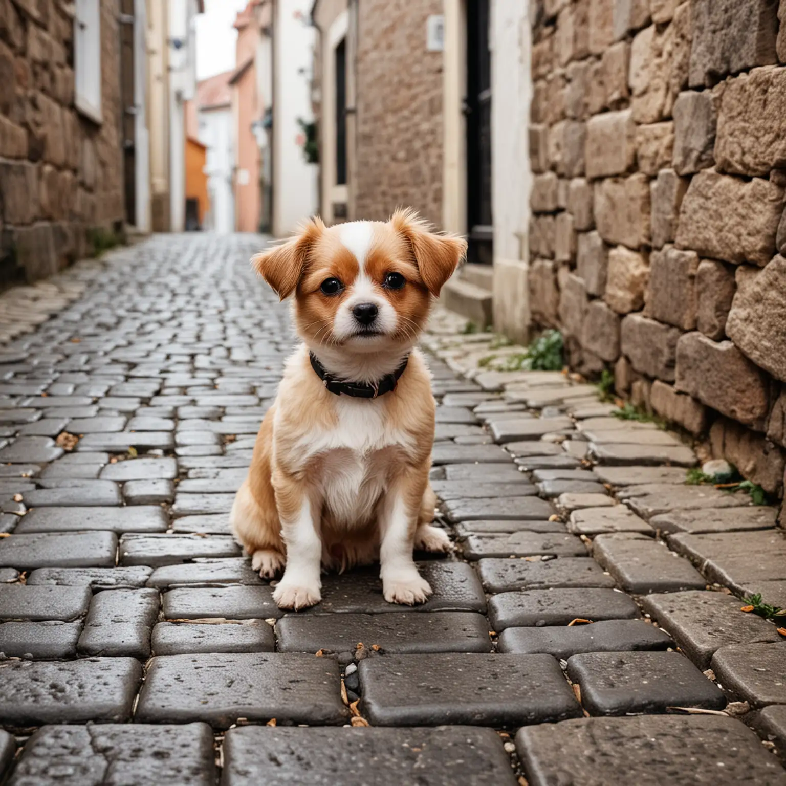 Adorable Puppy Sitting on a Cobbled Street