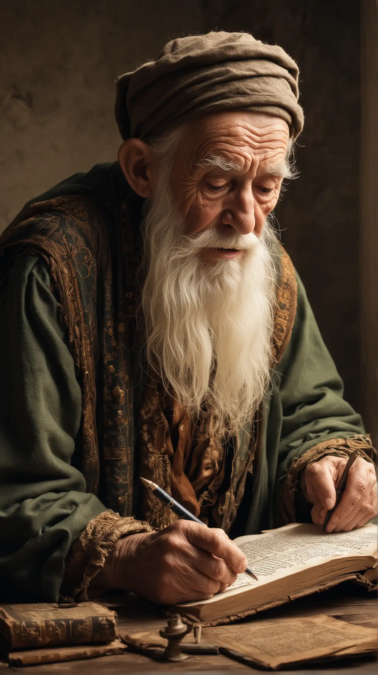 Elderly Scholar Writing a Tome of Wisdom