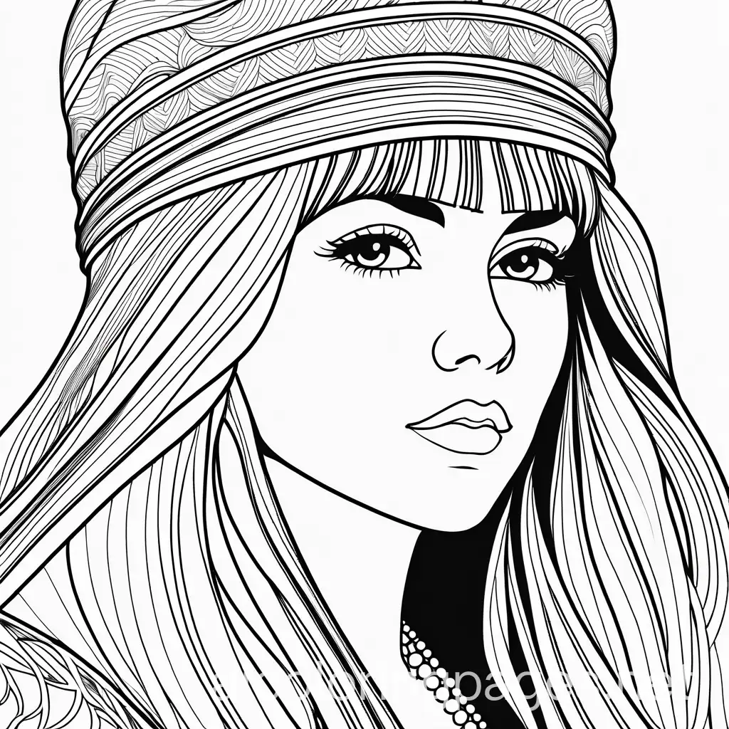 stevie nicks, Coloring Page, black and white, line art, white background, Simplicity, Ample White Space. The background of the coloring page is plain white to make it easy for young children to color within the lines. The outlines of all the subjects are easy to distinguish, making it simple for kids to color without too much difficulty