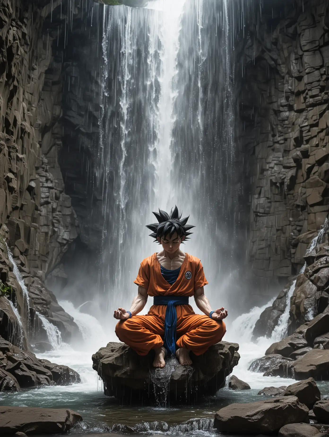 Meditating Goku under Waterfall Zen Training Scene