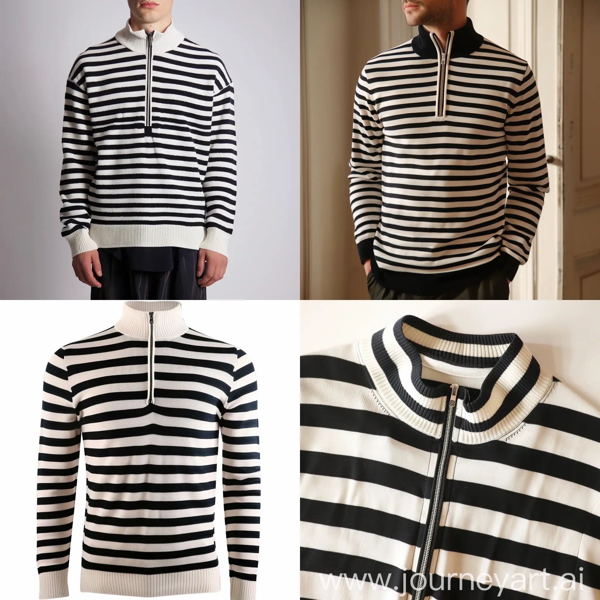 Fashionable-Black-and-White-Striped-Sweater-with-Zip-Neck-Detail