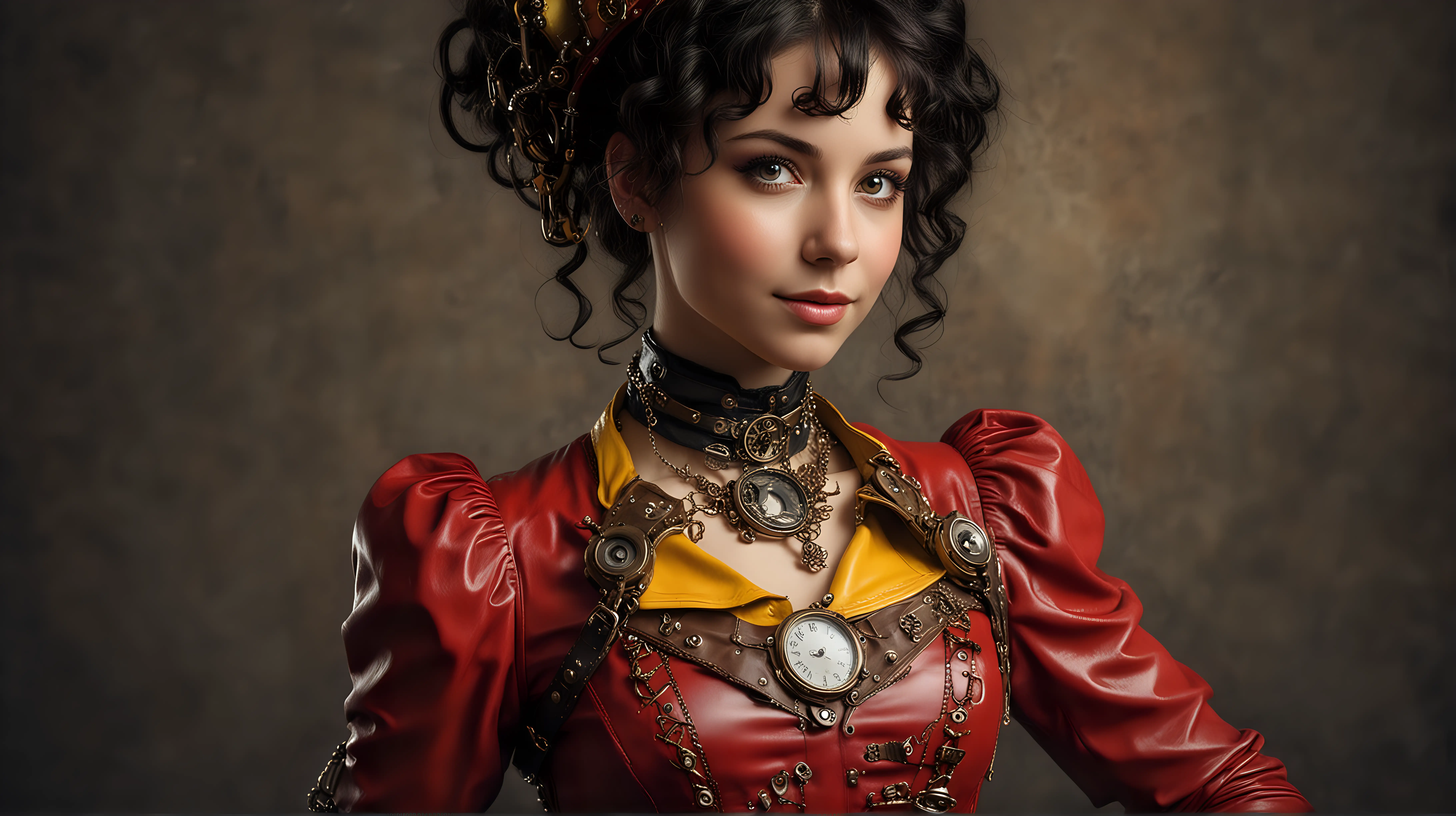 Steampunk Woman Portrait in Red and Yellow Leather Dress with Delicate Jewelry and Goggles