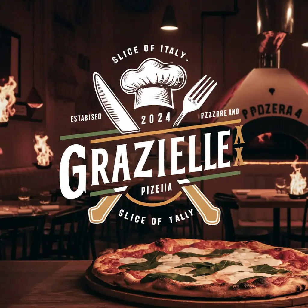 GRAZIELLA Pizzeria logo, Sharp Font, Italian colors, Crossed knife and fork, Buffalo Margherita, Sketched Chef's Hat, Slogan, Slice of Italy, EST 2024, Cozy atmosphere, Dim light, Pizza Oven in the background, Cozy restaurant, Flaming decoration