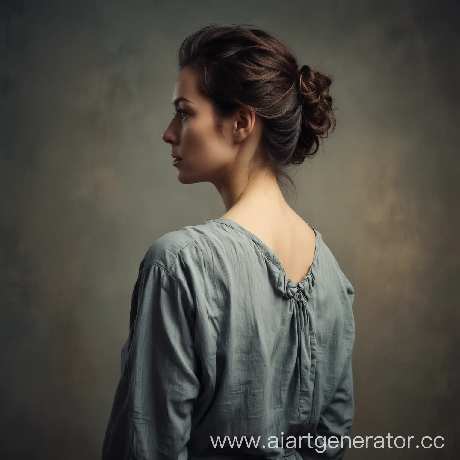 мрачный фон по центру женщина стоит спиной и смотрит в камеру в стиле портрета