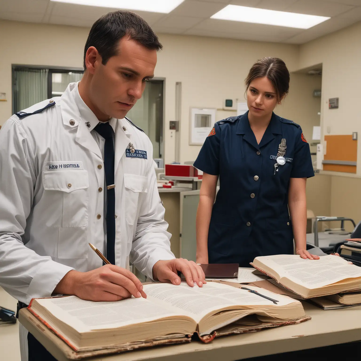As the officer is checking the books, he turns to the head of the hospital and asks, 
