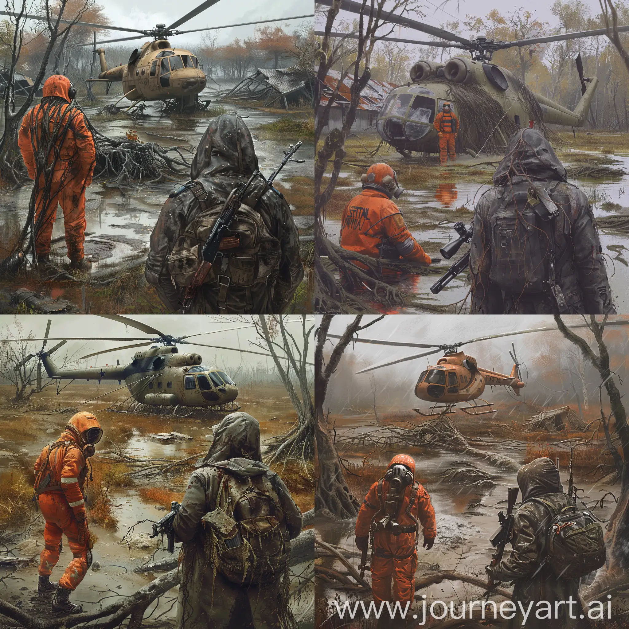 S.T.A.L.K.E.R. art, a dirty toxic swamp, abandoned Chernobyl, an abandoned village, a military helicopter that is wrapped in roots and destroyed, 2 characters, the first character is dressed in an orange Soviet space suit, in front of this character is a stalker in a dark gray dirty leather raincoat with a gas mask on his face with a small backpack on his back and with a Dragunov SVD sniper rifle in his hands, the weather is a gloomy autumn, style of the fantastic illustrations of the 80s.