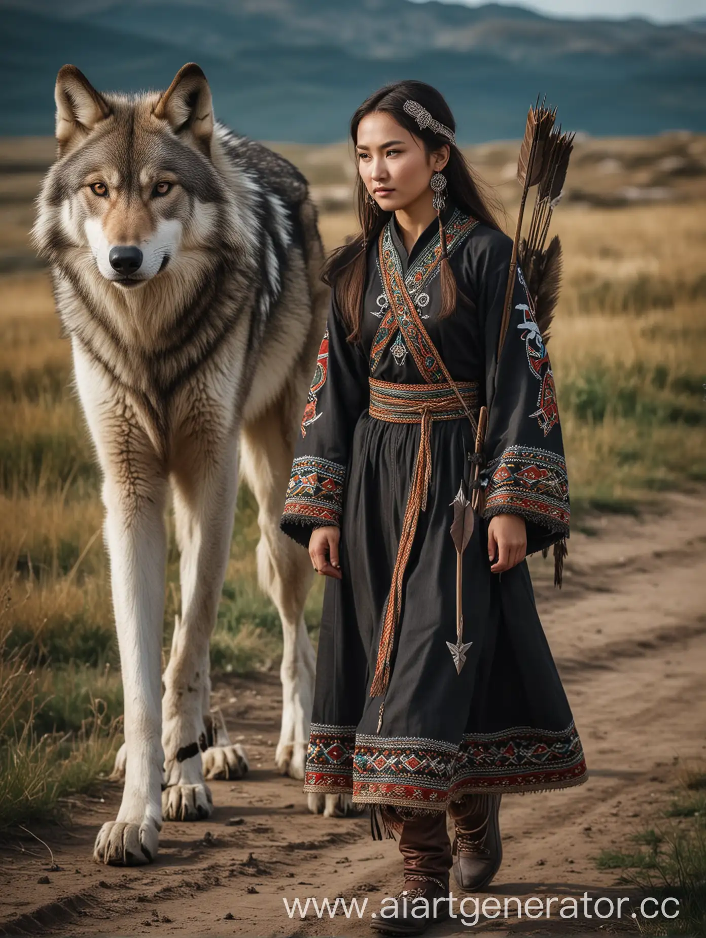 Kazakh woman wears a traditional dress. She has arrow, dark theme. A wolf following near the girl.