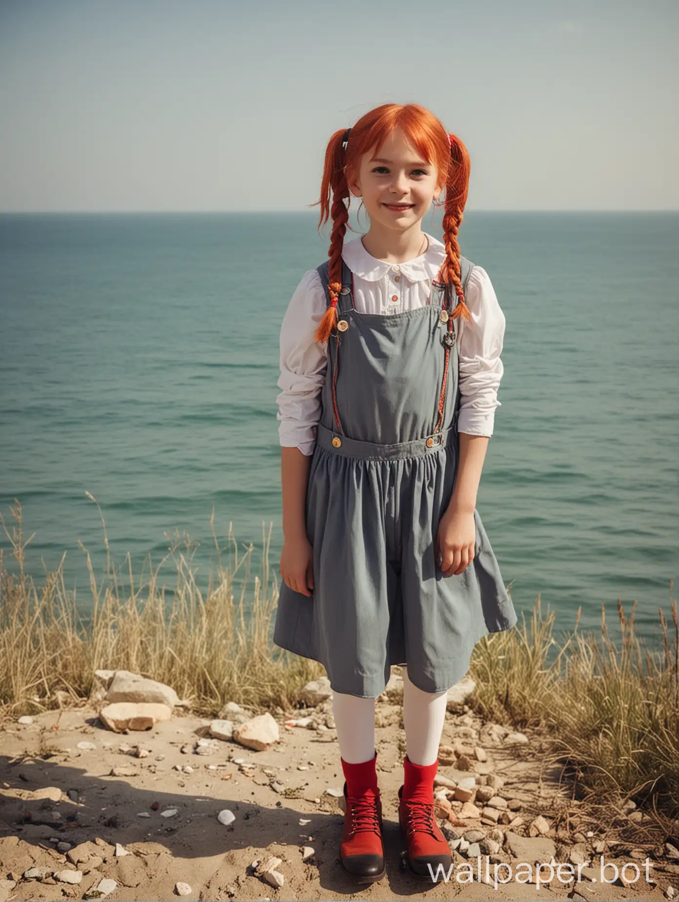 A 10-year-old girl dressed as Pippi Longstocking, full-length, cosplay, Crimea, view of the sea