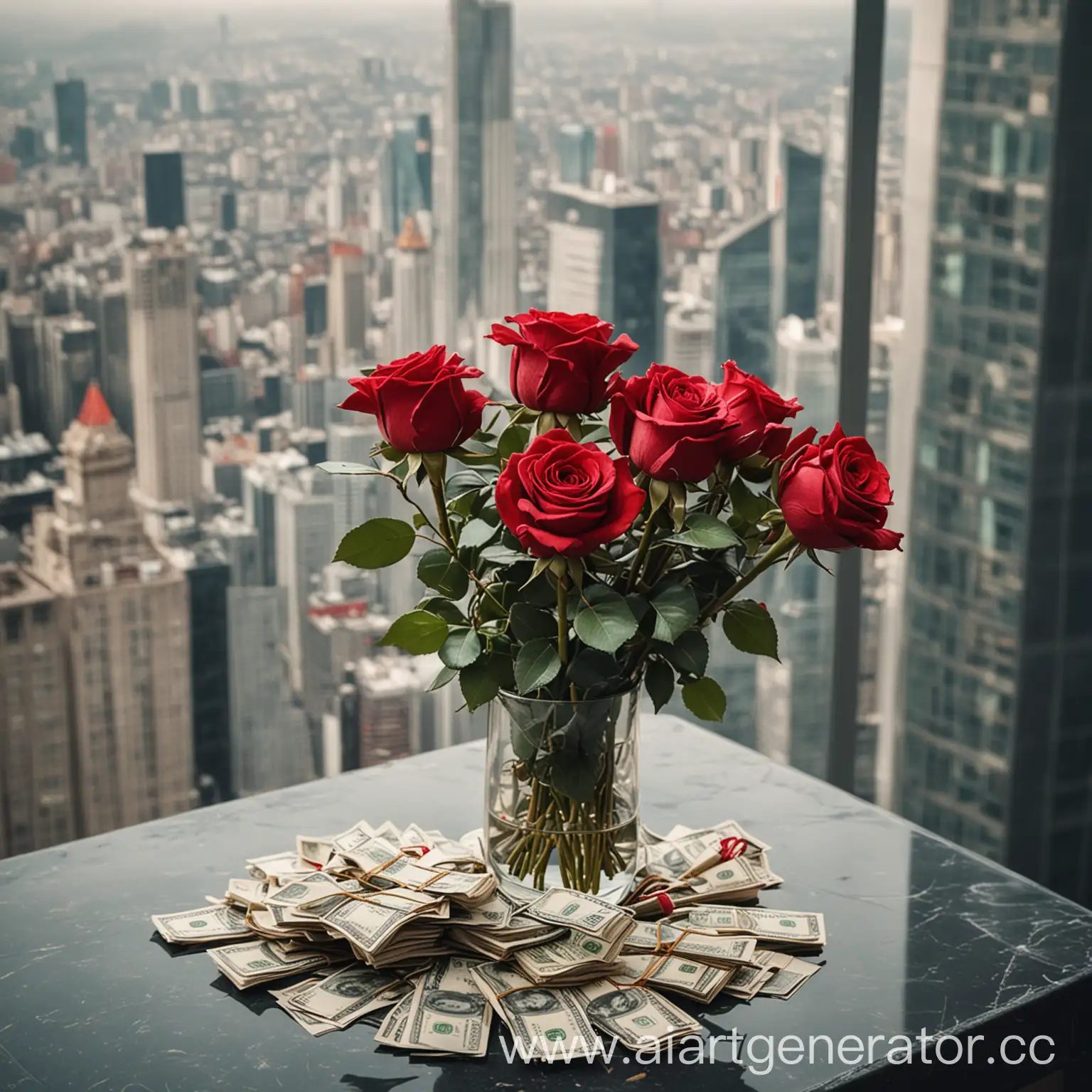 красивый натюрморт с красными розами и деньгами на фоне вида из богатого небоскреба, ассоциирующийся с успехом
