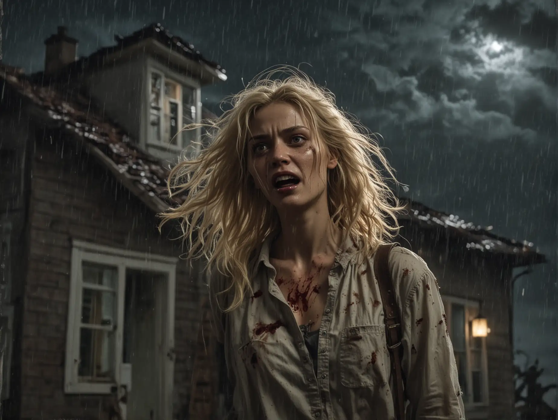 Blonde-Woman-Standing-on-Rainy-Night-House-Roof-Amid-Zombies
